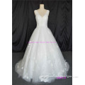 A-line ruche beaded lace up wedding gown with V-neck design